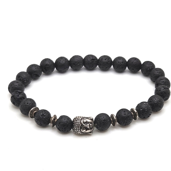 ๐ข3/$19๐ข Buddha Lava Bead Stretch Bracelet Black Silver Unisex - Picture 2 of 5